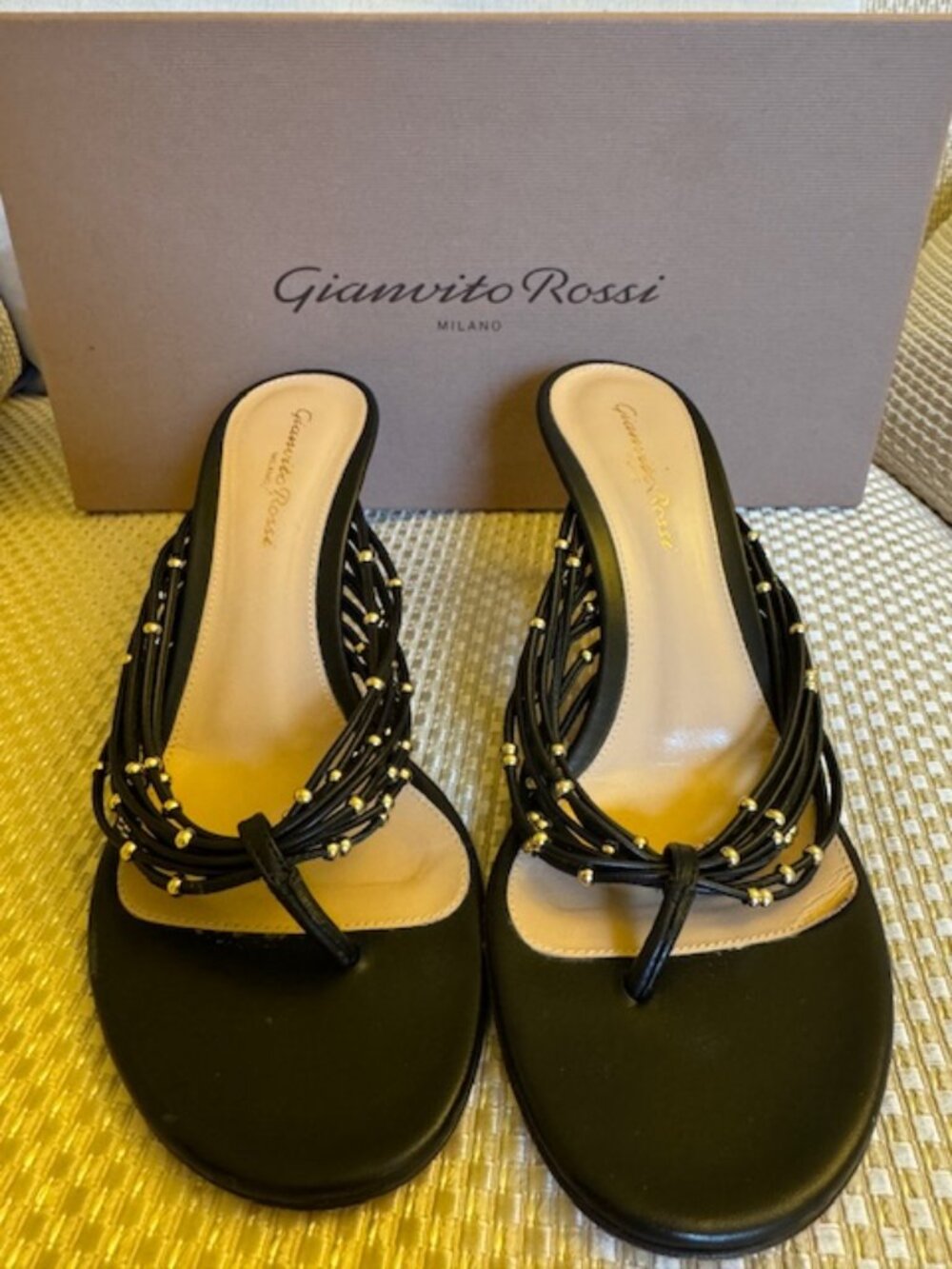 Gianvito Rossi Milano Black & Gold Beaded Thong Sandals, Size 37 (US 7)